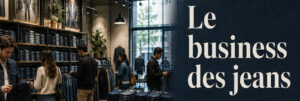 Grande boutique de jeans moderne avec plusieurs clients parcourant les rayons de denim, illustrant le marché mondial du jean. À droite, le titre « Le business des jeans » et le sous-titre « Comprendre l'économie mondiale du denim ».