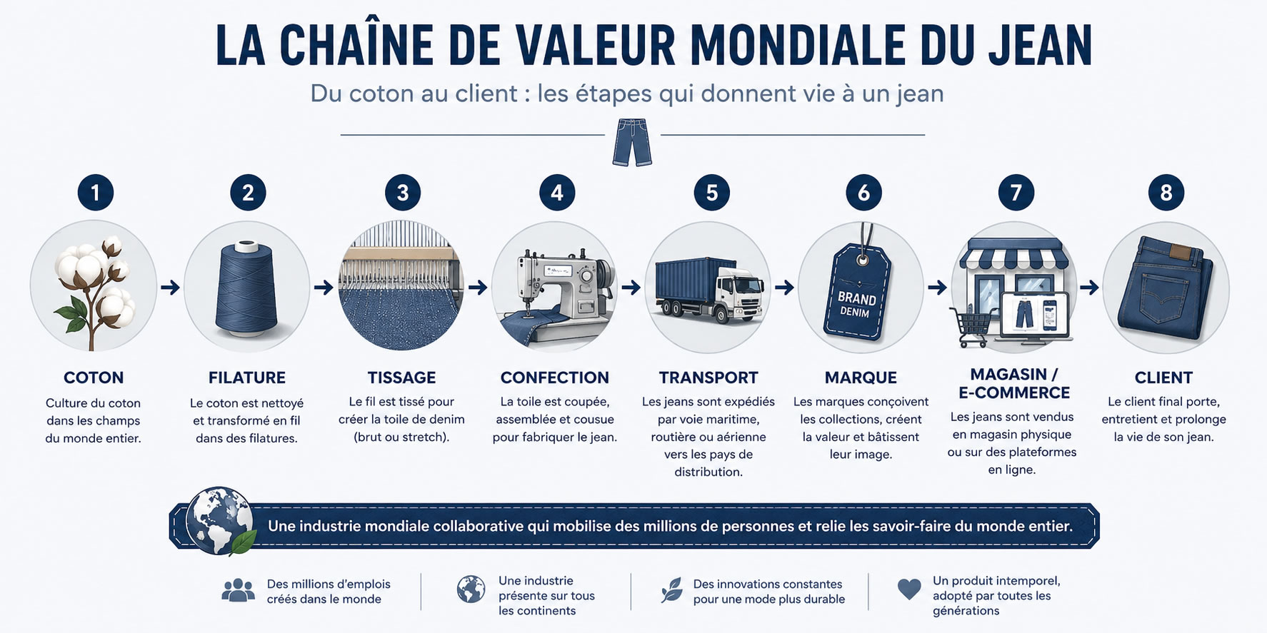 Chaîne de valeur du jean : les étapes de fabrication du coton au client Schéma illustrant la chaîne de valeur mondiale du jean avec les principales étapes : culture du coton, filature, tissage du denim, confection, transport, marque, vente en magasin ou e-commerce et client final.