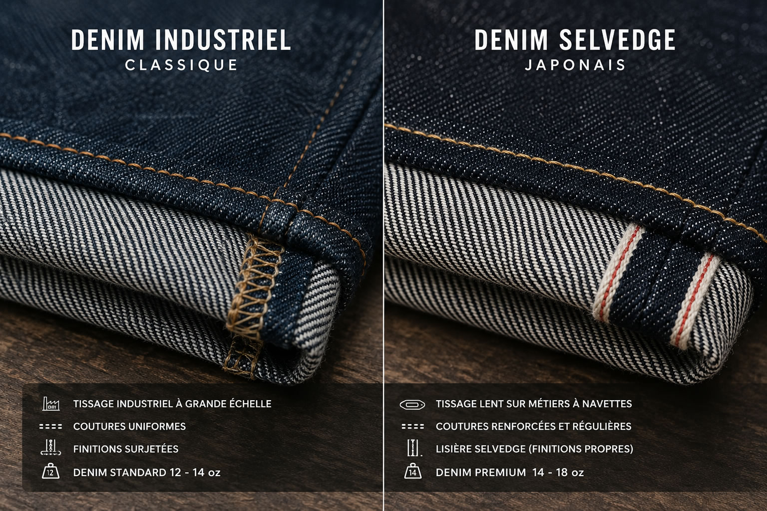 Jean premium vs jean classique : les différences entre denim industriel et selvedge japonais Comparatif en gros plan entre un denim industriel classique et un denim selvedge japonais, mettant en évidence les différences de tissage, de texture, de coutures et de finitions haut de gamme.