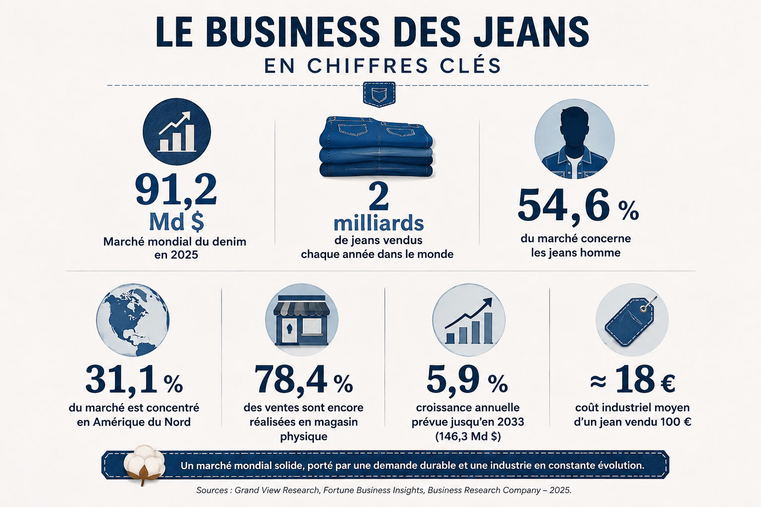 Chiffres clés du marché mondial du jean en 2025 : infographie complète Infographie présentant les principaux chiffres du marché mondial du jean en 2025 : 91,2 milliards de dollars, 2 milliards de jeans vendus, 54,6 % de parts pour les jeans homme, 31,1 % du marché en Amérique du Nord et 5,9 % de croissance annuelle.