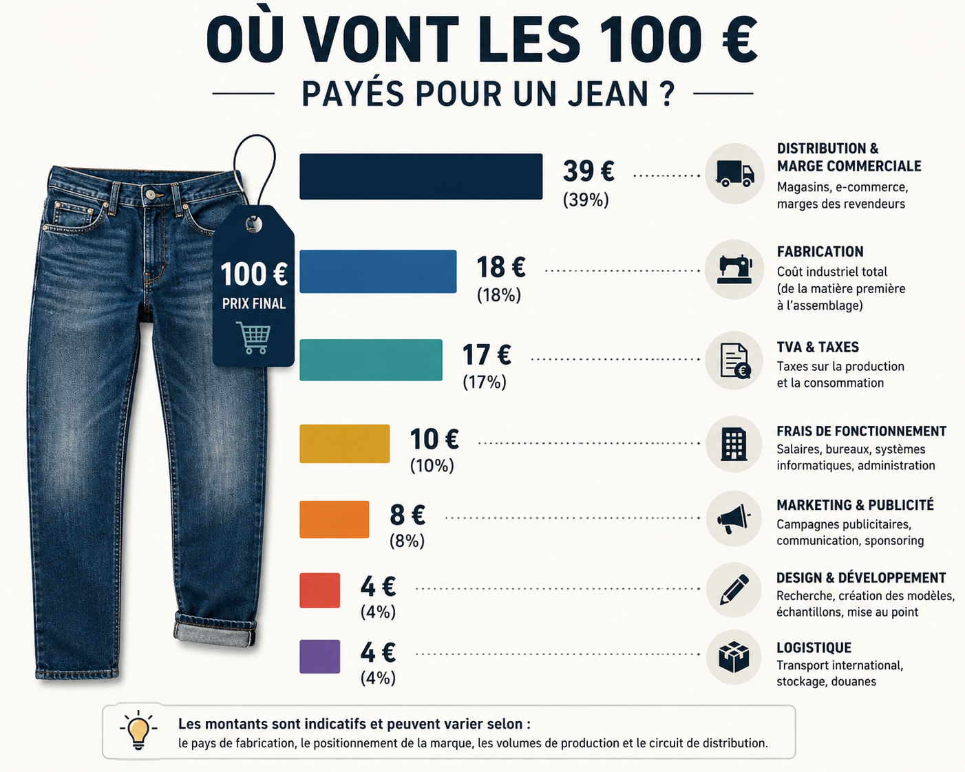 Où vont les 100 € payés pour un jean ? Répartition du prix entre fabrication, TVA et marge Infographie expliquant la répartition du prix d'un jean vendu 100 €, avec le coût de fabrication, la distribution, la TVA, le marketing, le design, la logistique et le fonctionnement de la marque.