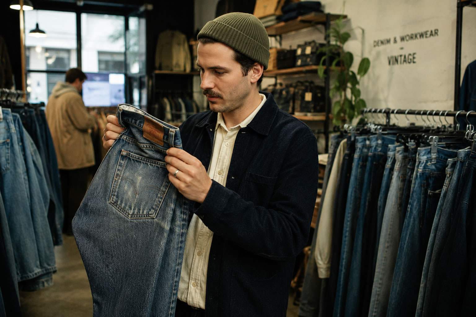 Le marché du jean de seconde main : pourquoi les jeans vintage séduisent de plus en plus Homme examinant un jean vintage dans une friperie moderne, illustrant l'essor du marché de la seconde main et l'engouement pour les jeans d'occasion.