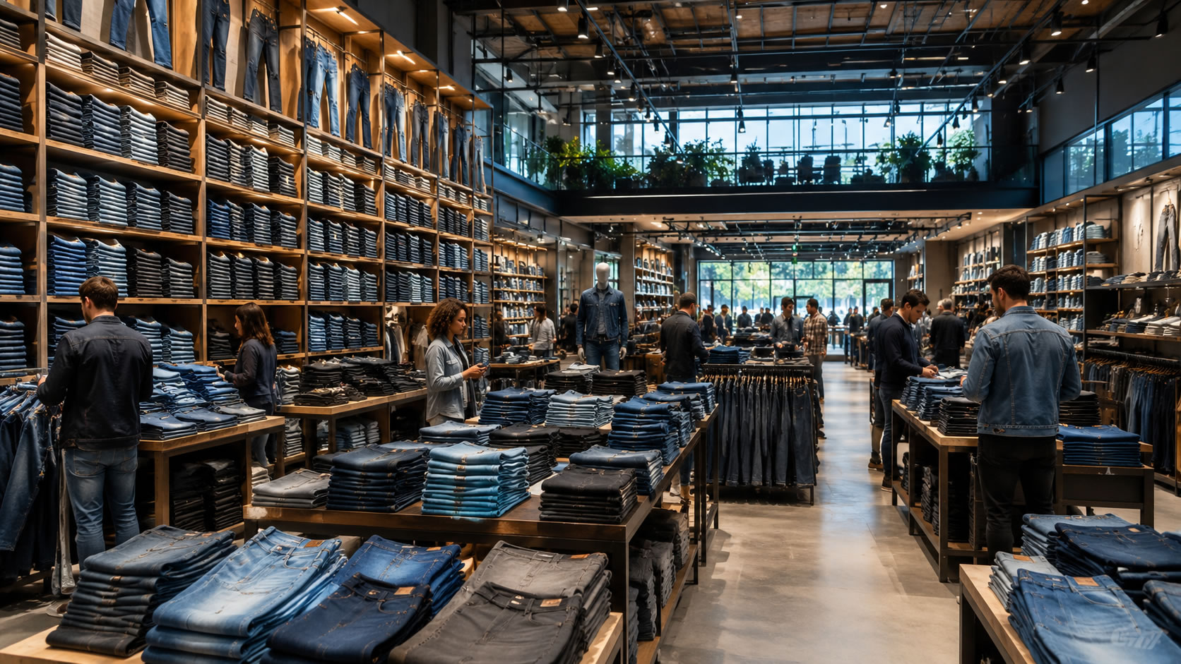Le marché mondial du jean : une industrie du denim en pleine croissance Grande boutique spécialisée dans les jeans avec des centaines de modèles en denim exposés, illustrant l'importance du marché mondial du jean et de l'industrie du denim.