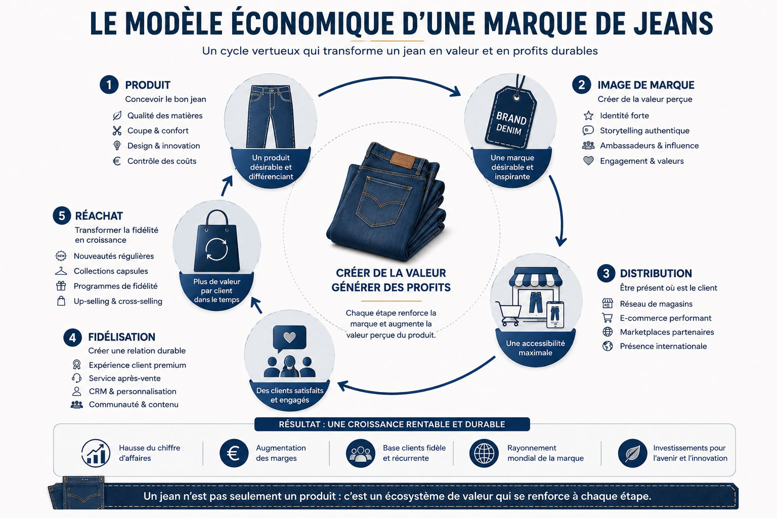 Comment les marques de jeans gagnent de l'argent : le modèle économique expliqué Infographie illustrant le modèle économique d'une marque de jeans avec les étapes clés : produit, image de marque, distribution, fidélisation des clients et réachat, formant un cycle de croissance rentable.