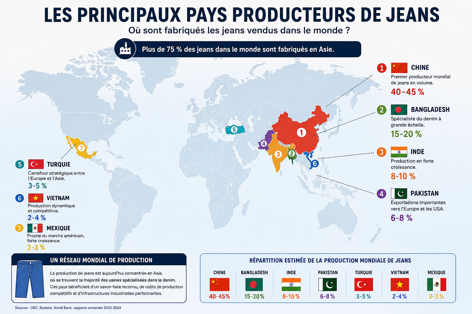 Les principaux pays producteurs de jeans dans le monde : carte et répartition mondiale Carte du monde présentant les principaux pays producteurs de jeans : Chine, Bangladesh, Inde, Pakistan, Turquie, Vietnam et Mexique, avec leur rôle dans la production mondiale de denim.