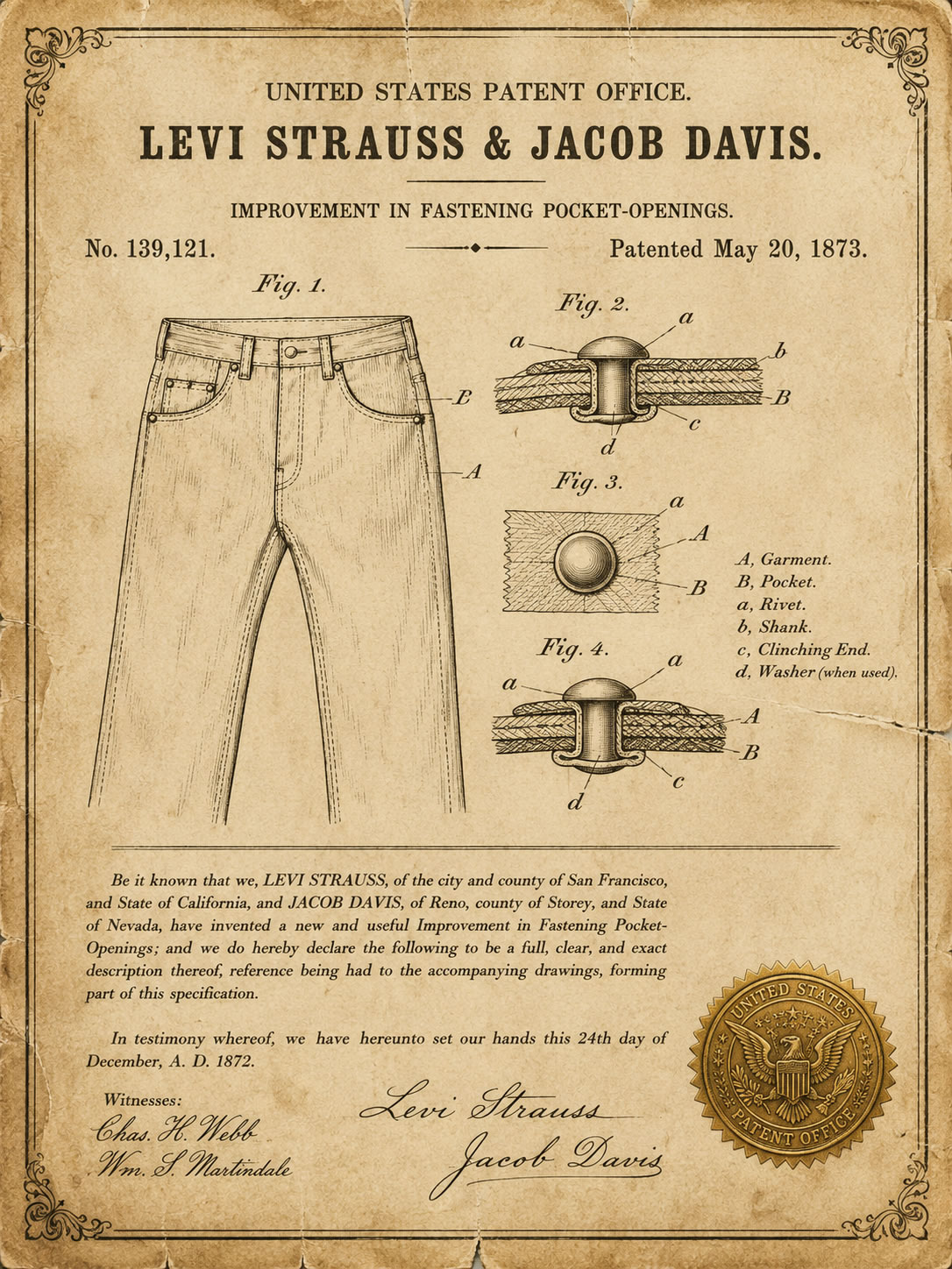 Brevet du 20 mai 1873 : naissance officielle du jean riveté Reproduction stylisée d'un ancien brevet américain du 20 mai 1873 montrant les dessins techniques du premier jean à rivets et des rivets en cuivre inventés par Levi Strauss et Jacob Davis.