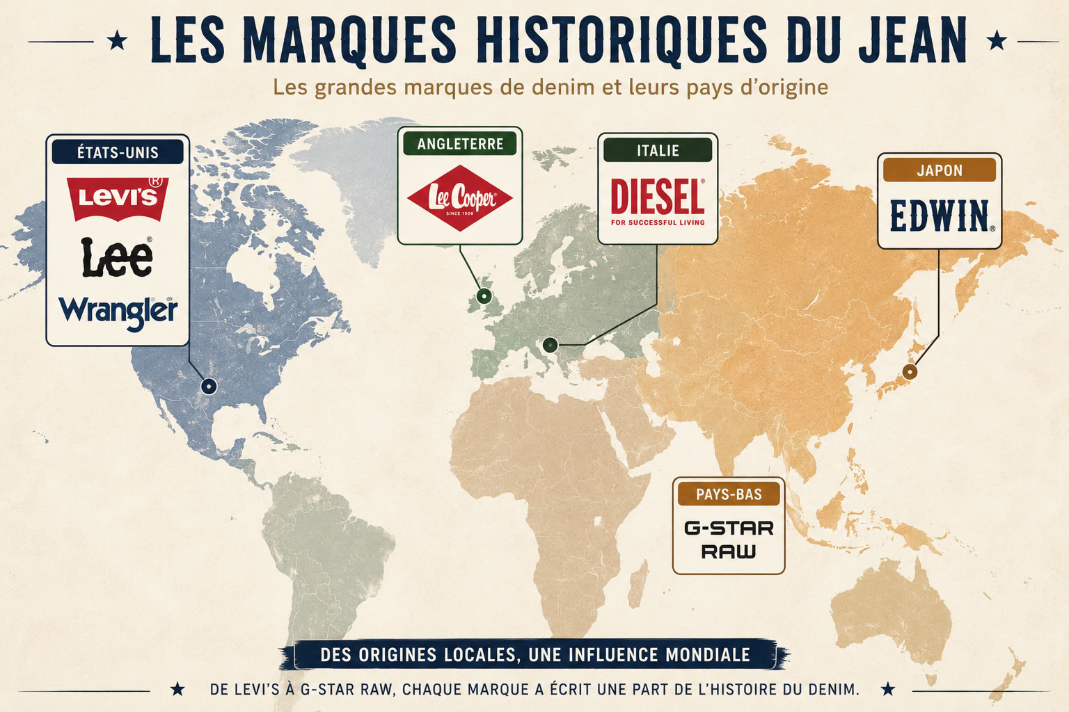 Les marques historiques du jean et leurs pays d'origine Carte du monde illustrant les grandes marques historiques du jean avec leur pays d'origine : Levi's, Lee et Wrangler aux États-Unis, Lee Cooper en Angleterre, Diesel en Italie, Edwin au Japon et G-Star RAW aux Pays-Bas.