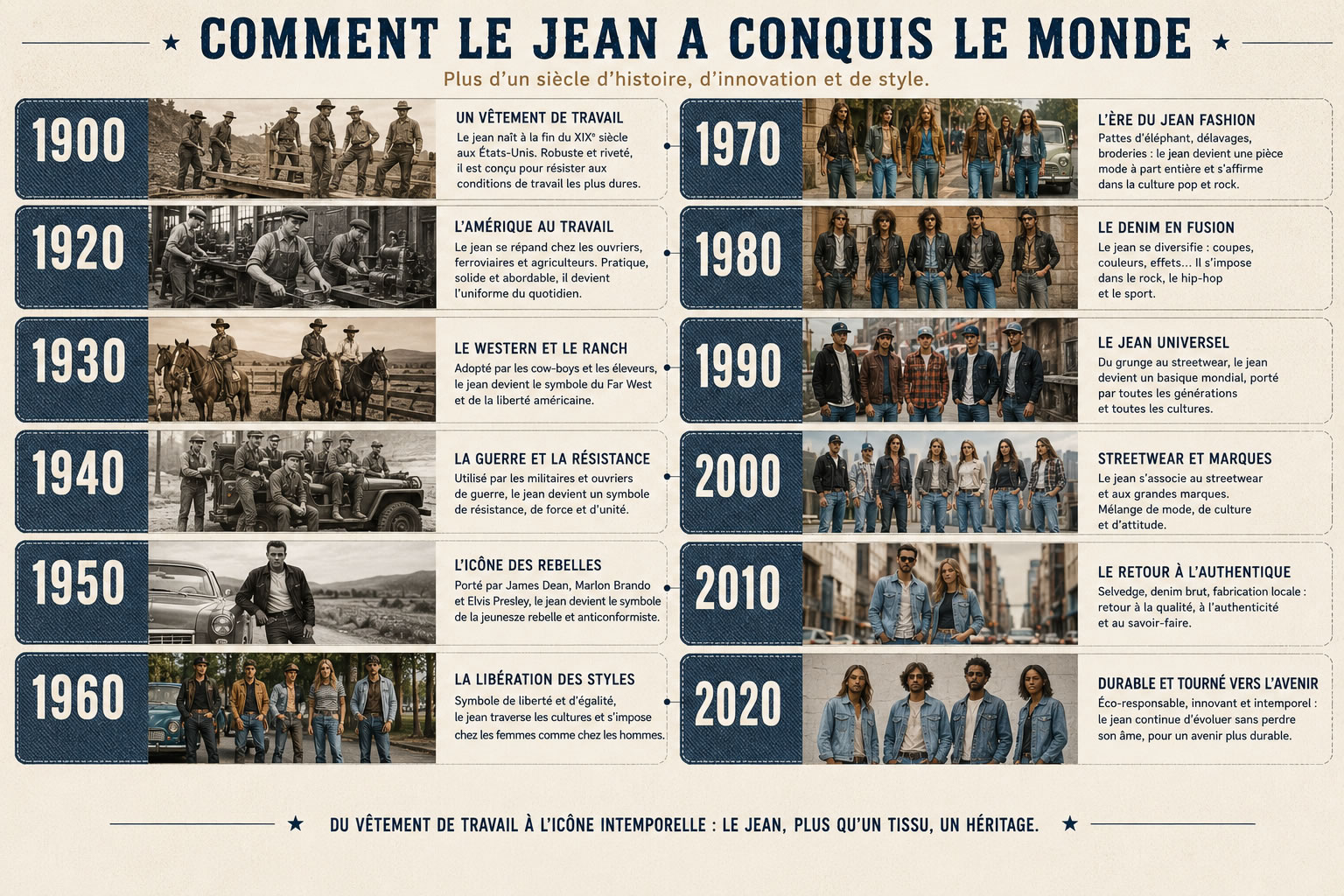 Comment le jean a conquis le monde : évolution de 1900 à 2020 Grande frise chronologique illustrant l'évolution du jean de 1900 à 2020, avec une image représentative de chaque décennie montrant son passage du vêtement de travail à une icône mondiale de la mode.