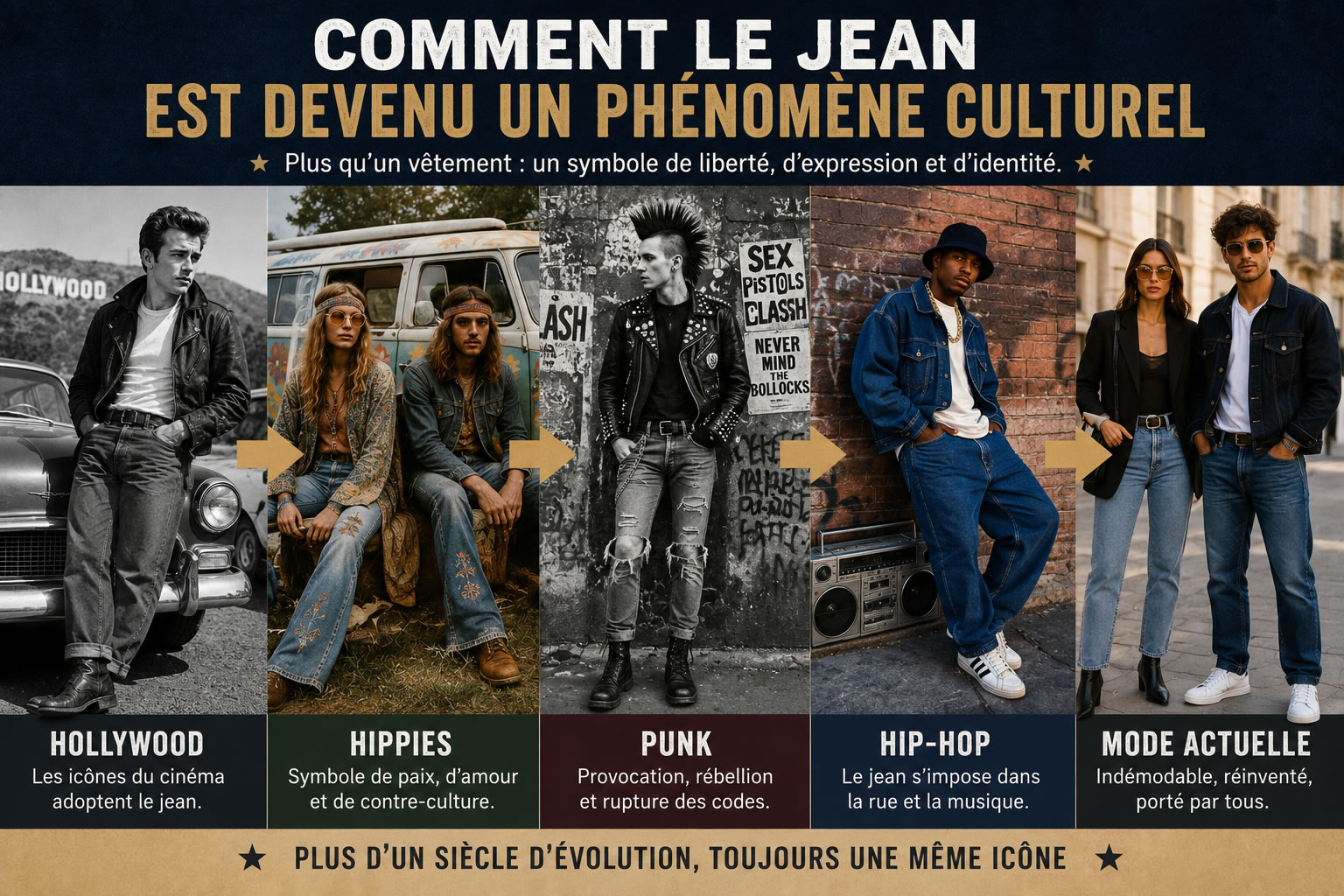 Comment le jean est devenu un phénomène culturel : de Hollywood au streetwear Montage chronologique illustrant l'évolution culturelle du jean à travers cinq grandes périodes : Hollywood, le mouvement hippie, la culture punk, le hip-hop et la mode contemporaine.