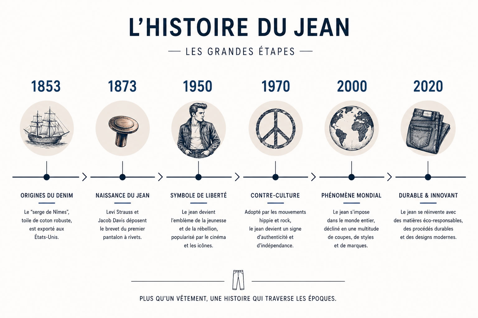 Frise chronologique de l'histoire du jean de 1853 à 2020 Infographie chronologique minimaliste présentant les grandes étapes de l'histoire du jean avec les dates clés 1853, 1873, 1950, 1970, 2000 et 2020, illustrant son évolution du vêtement de travail au symbole mondial de la mode.
