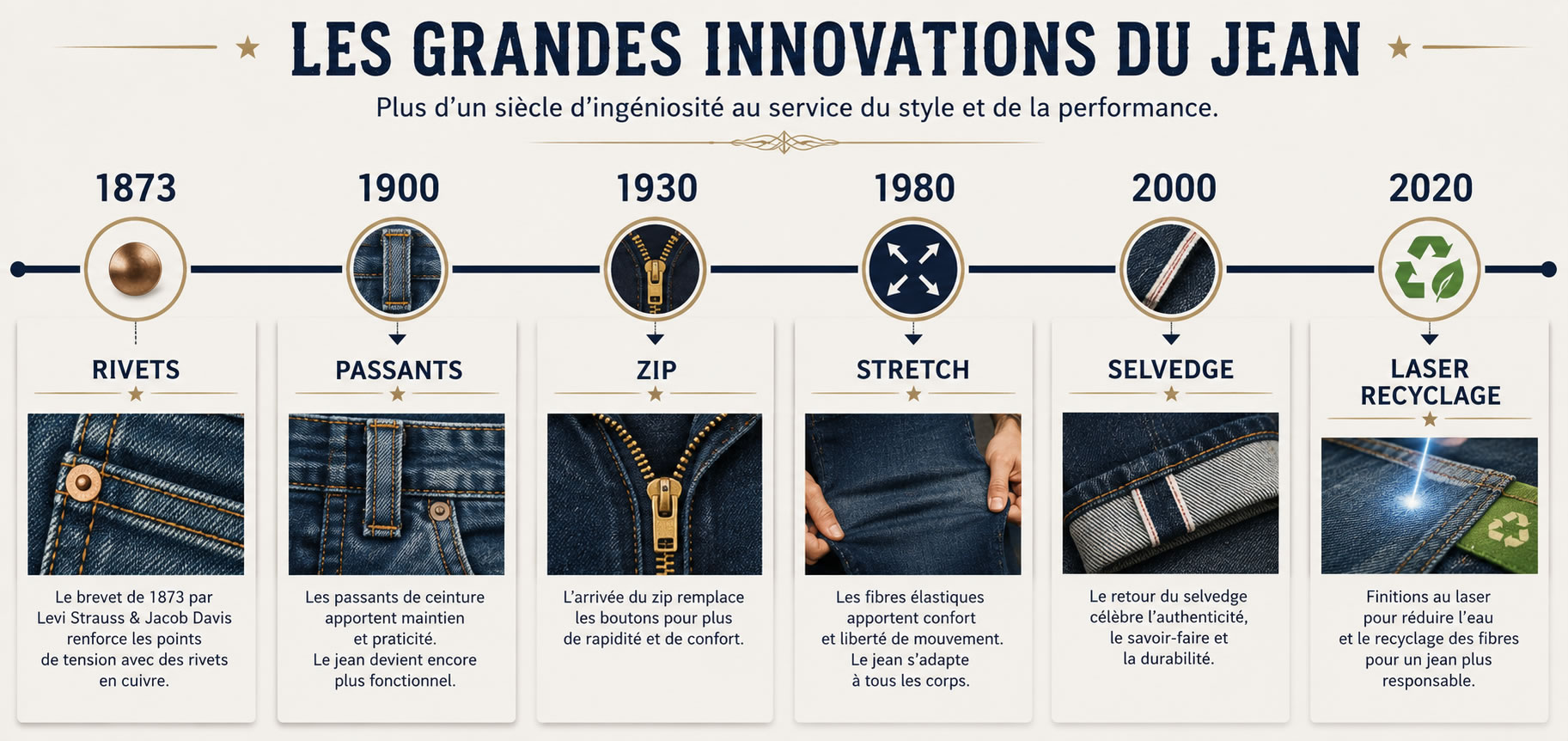 Les grandes innovations du jean : de 1873 à aujourd'hui Frise chronologique illustrant les principales innovations du jean entre 1873 et 2020 : rivets, passants de ceinture, fermeture éclair, denim stretch, selvedge et procédés modernes de laser et recyclage.