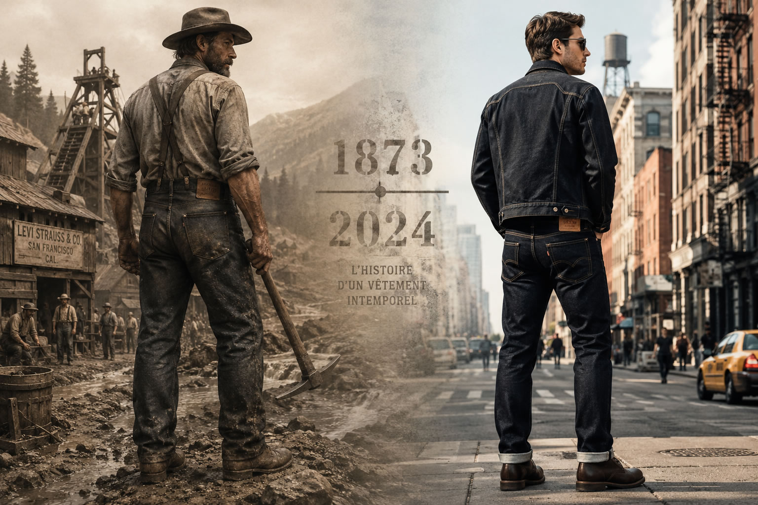 Histoire du jean : du mineur de 1873 au jean brut moderne Illustration ultra réaliste montrant l'évolution du jean avec un mineur de 1873 portant un pantalon riveté à gauche et un homme moderne en jean brut à droite, reliés par une transition chronologique entre passé et présent.