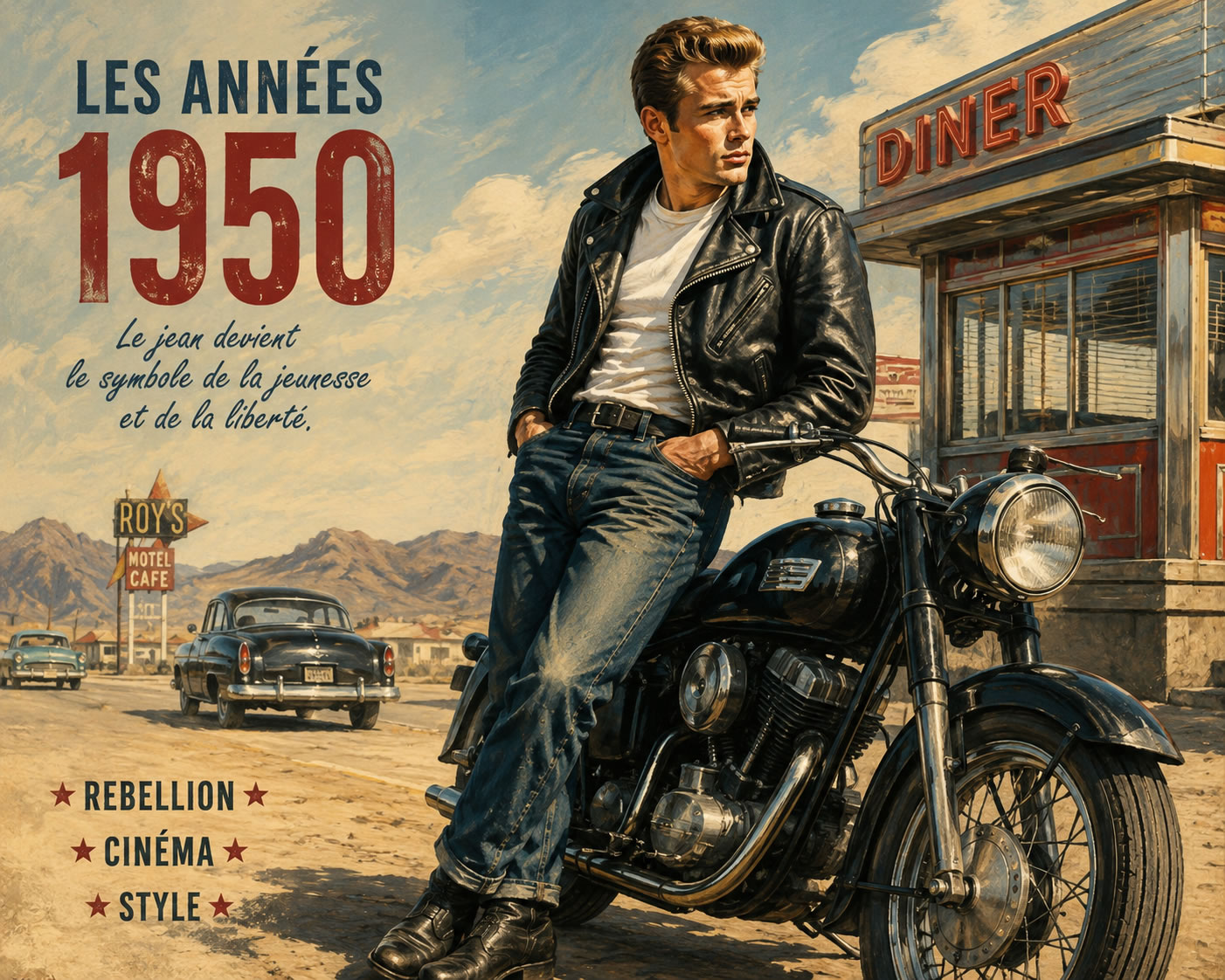 Le jean dans les années 1950 : naissance d'une icône de la jeunesse Illustration inspirée du cinéma américain des années 1950 montrant un jeune homme en jean, t-shirt blanc et blouson en cuir appuyé contre une moto devant un diner américain, symbole de liberté et de rébellion.