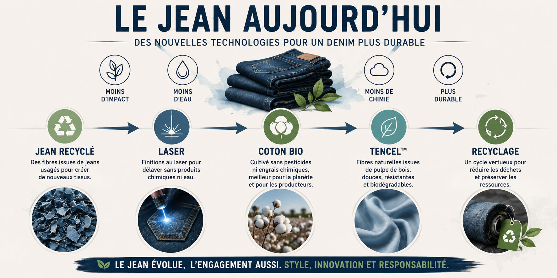 Le jean aujourd'hui : les innovations vers un denim plus durable Infographie illustrant les technologies modernes du jean avec une progression du jean recyclé aux finitions laser, au coton biologique, aux fibres Tencel et au recyclage des textiles.