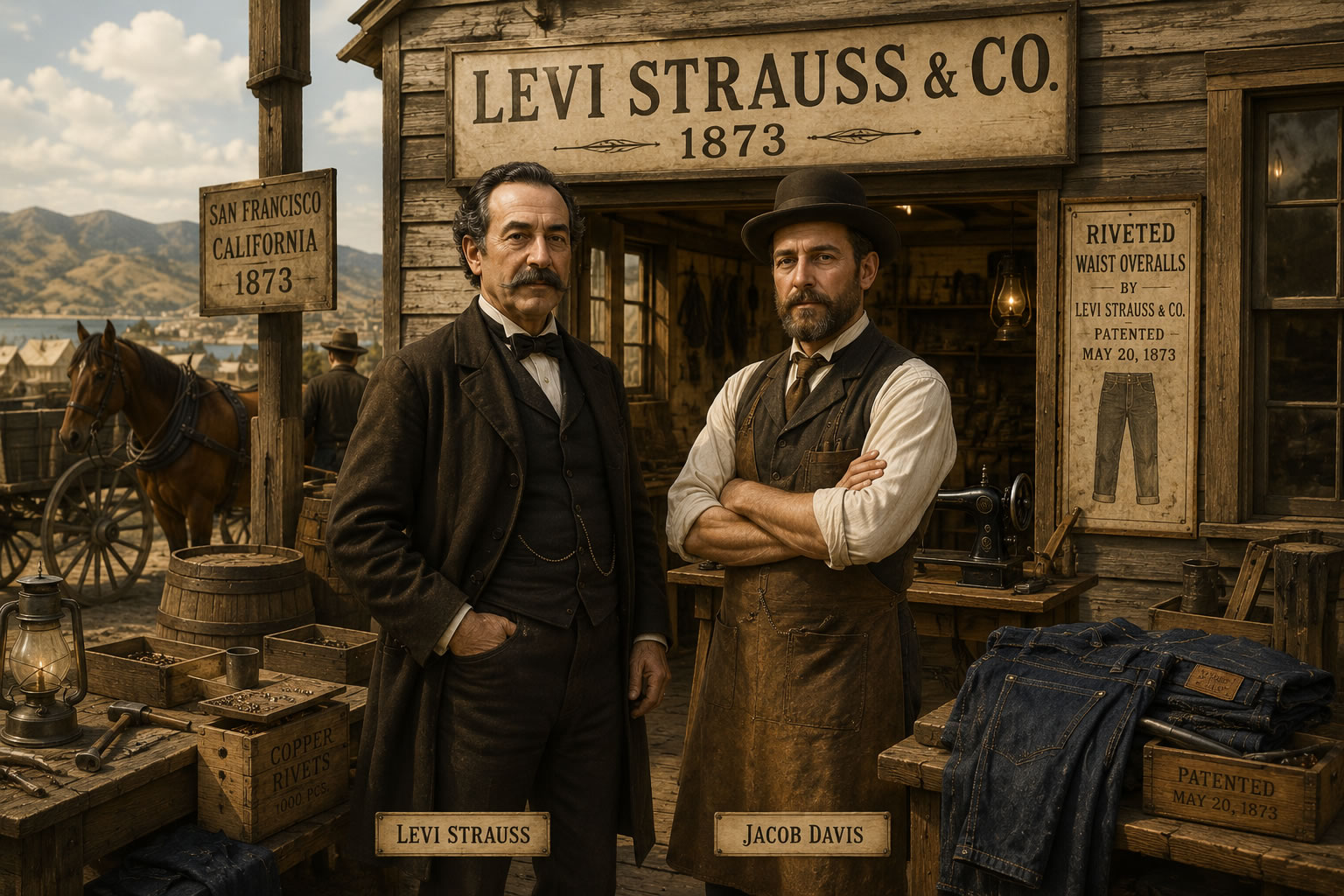 Levi Strauss et Jacob Davis devant leur atelier en 1873 Illustration historique représentant Levi Strauss et Jacob Davis devant leur atelier en Californie en 1873, entourés de rouleaux de denim, de rivets en cuivre, d'outils de couture et des premiers jeans rivetés dans une ambiance de ruée vers l'or.