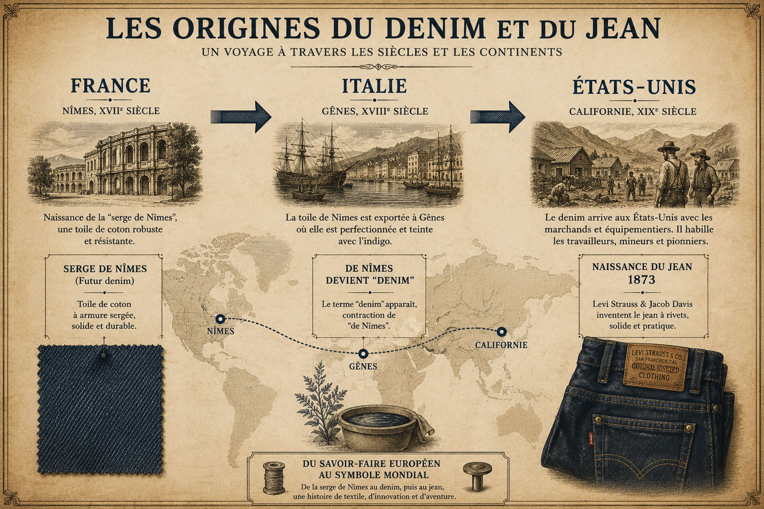 Origines du denim et du jean : de Nîmes à la Californie Carte historique vintage illustrant les origines du denim et du jean avec un parcours reliant Nîmes en France, Gênes en Italie et la Californie aux États-Unis, montrant l'évolution de la toile de denim jusqu'à la naissance du jean en 1873.