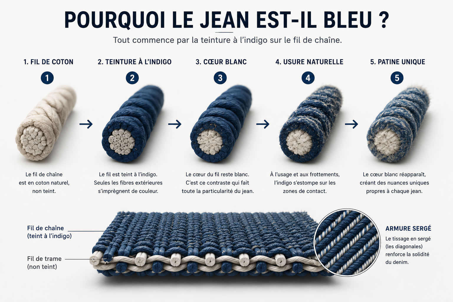 Pourquoi le jean est-il bleu ? Le rôle de l'indigo expliqué Illustration 3D minimaliste montrant pourquoi le jean est bleu, avec une coupe d'un fil de coton révélant la teinture à l'indigo, le cœur blanc de la fibre, l'usure progressive et la formation de la patine caractéristique du denim.