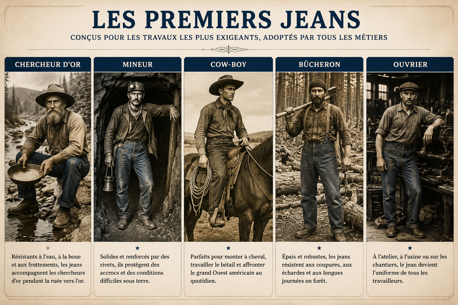 Les premiers métiers à porter le jean : chercheurs d'or, mineurs et cow-boys Tableau illustré présentant les premiers métiers ayant adopté le jean au XIXᵉ siècle : chercheur d'or, mineur, cow-boy, bûcheron et ouvrier, chacun portant un jean adapté à son activité.