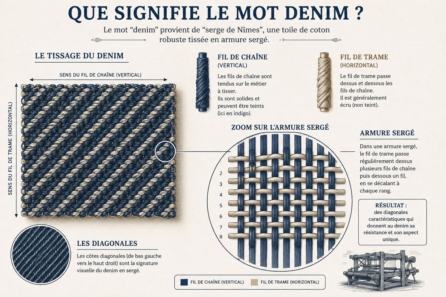 Schéma du tissage denim : chaîne, trame et armure sergé Schéma technique illustrant le tissage du denim avec les fils de chaîne, les fils de trame, un zoom sur l'armure sergé et les diagonales caractéristiques qui rendent le denim particulièrement résistant.