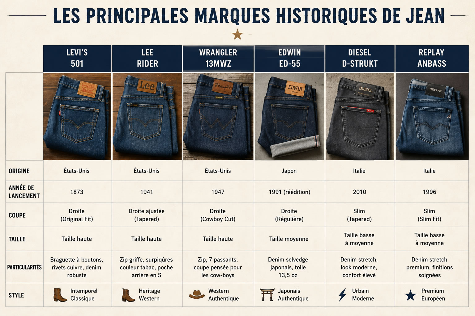 Tableau comparatif des modèles iconiques de jeans historiques Tableau illustré comparant six modèles emblématiques de jeans : Levi's 501, Lee Rider, Wrangler 13MWZ, Edwin ED-55, Diesel D-Strukt et Replay Anbass, avec une photo de chaque modèle et leurs principales caractéristiques.