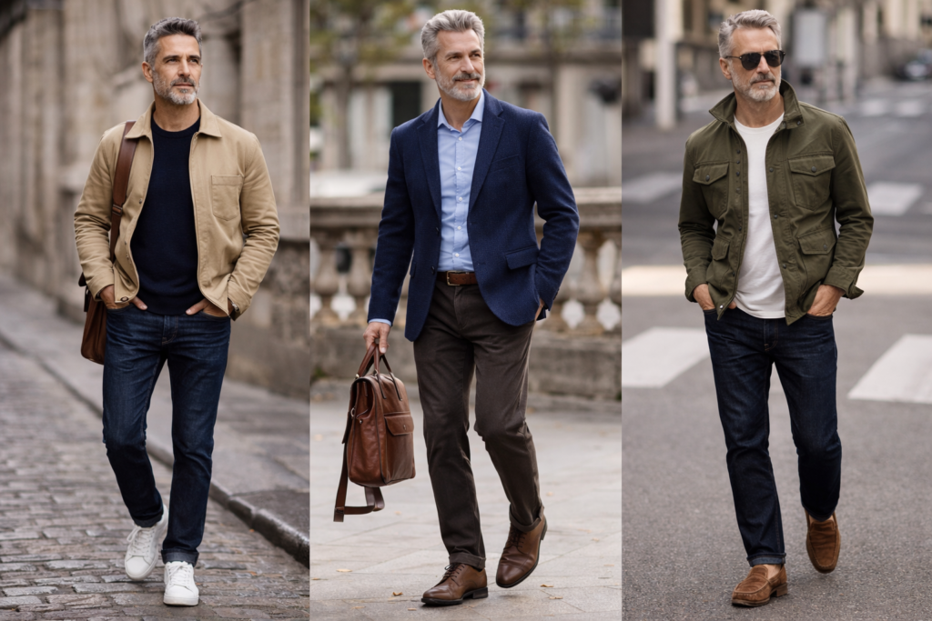 Look homme 50 ans avec tenues élégantes casual chic, blazer, jean brut et sneakers