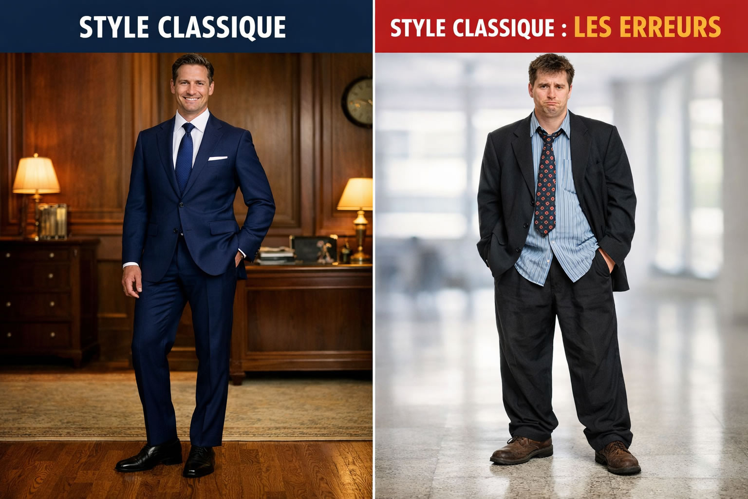 comparaison style classique homme réussi et style classique avec erreurs costume mal ajusté