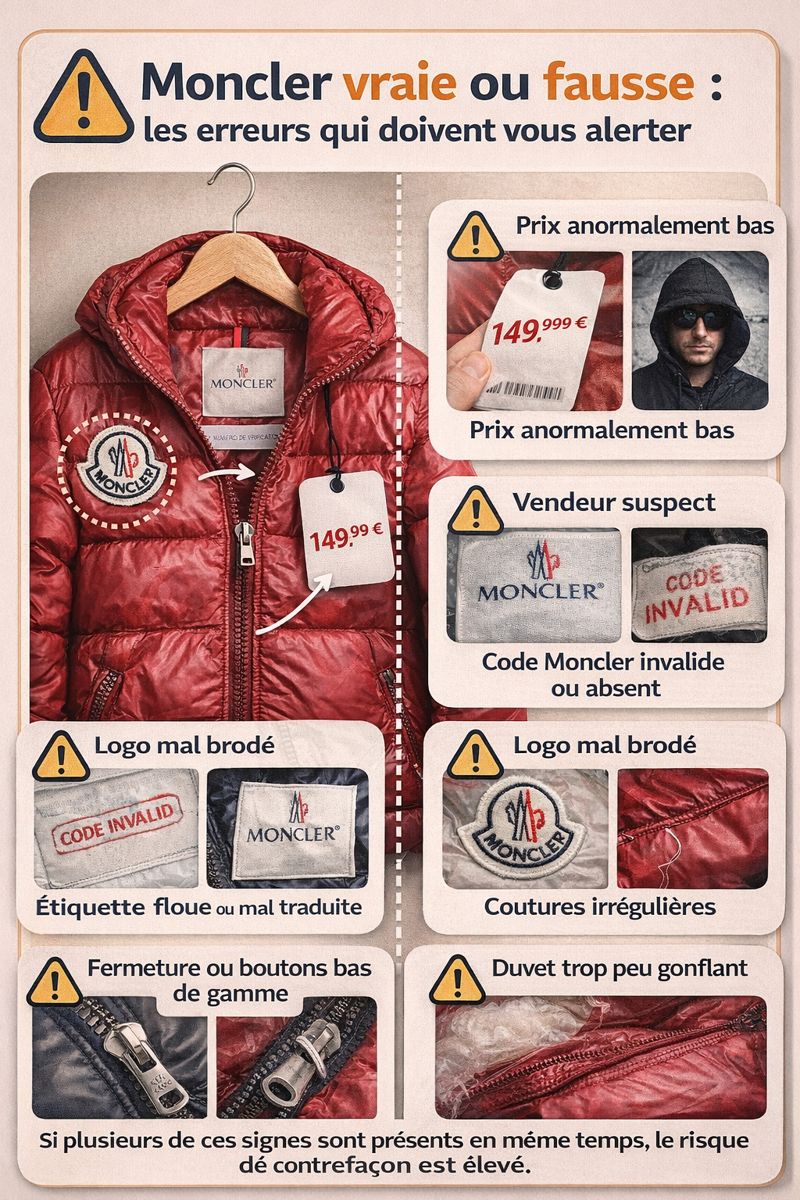 Exemples d’erreurs permettant de reconnaître une fausse Moncler : logo mal brodé, étiquette floue, coutures irrégulières et prix anormalement bas