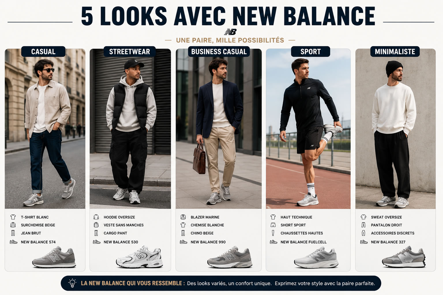 Comment porter des New Balance ? 5 idées de looks homme Montage présentant cinq looks homme avec des sneakers New Balance : casual, streetwear, business casual, sport et minimaliste.