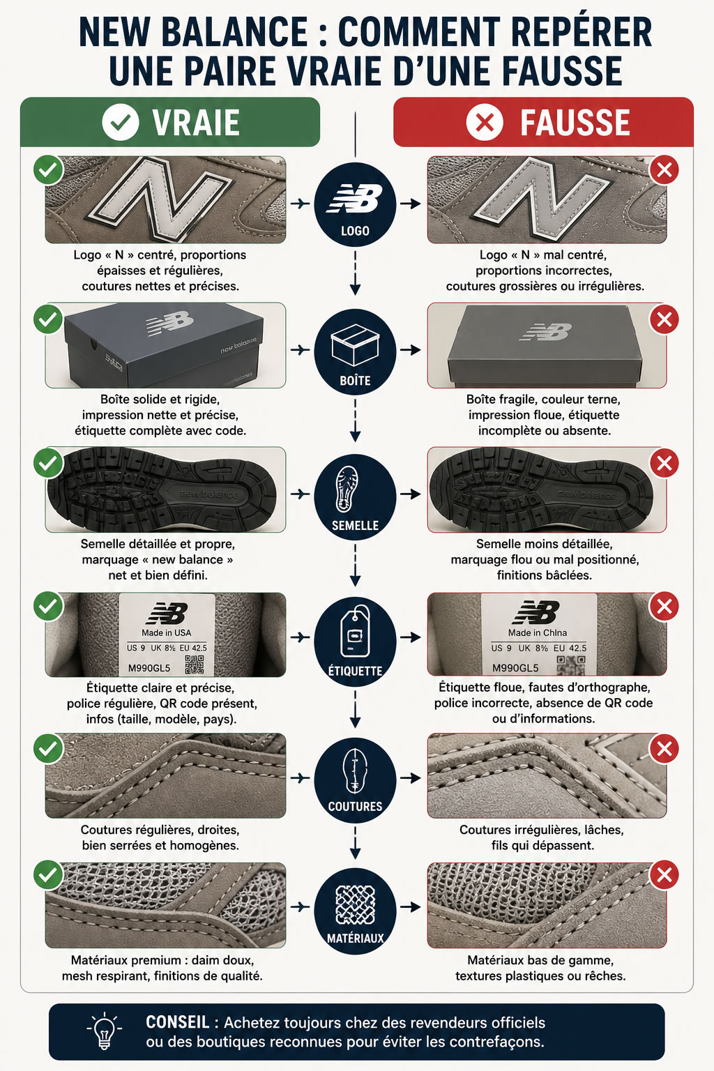 Comment reconnaître de vraies New Balance ? Guide pour éviter les contrefaçons Infographie comparant une vraie paire de New Balance et une contrefaçon à travers le logo, la boîte, la semelle, l'étiquette, les coutures et les matériaux.