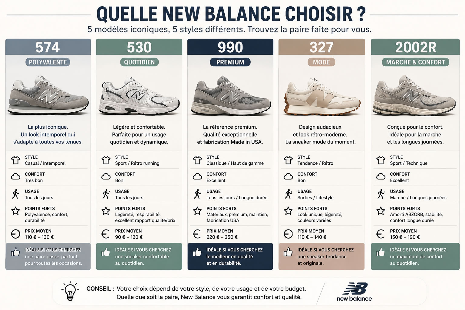 Quelle New Balance choisir ? Comparatif des modèles 574, 530, 990, 327 et 2002R Comparatif visuel des sneakers New Balance 574, 530, 990, 327 et 2002R avec leurs principaux usages : polyvalence, quotidien, premium, mode et marche.