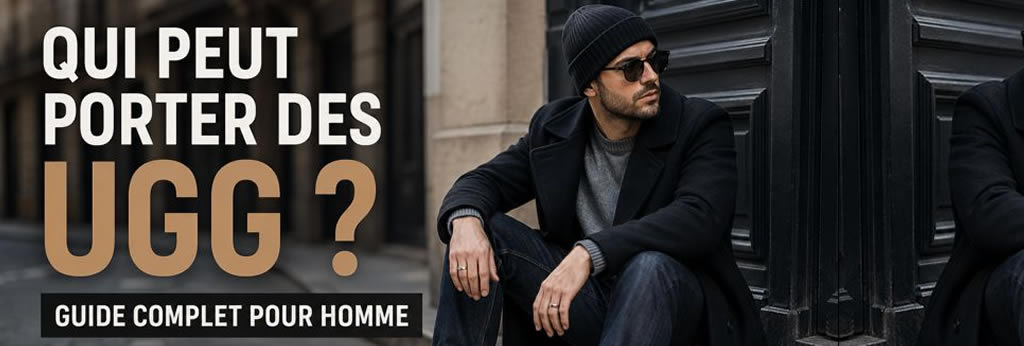 Homme portant des UGG camel avec jean brut et manteau long noir dans un look urbain hivernal