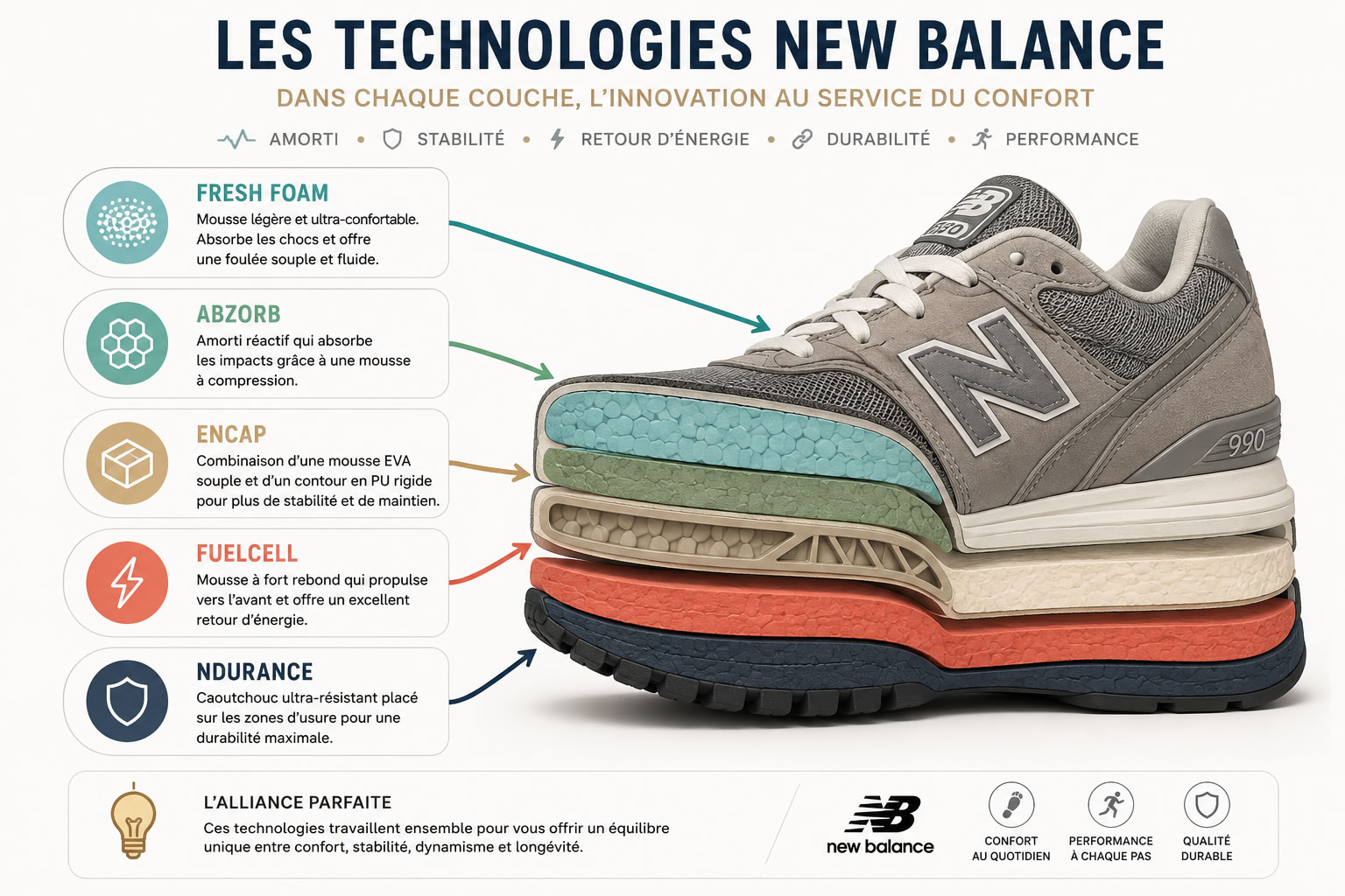 Technologies New Balance : Fresh Foam, ABZORB, ENCAP, FuelCell et Ndurance Infographie en coupe d'une chaussure New Balance présentant les technologies Fresh Foam, ABZORB, ENCAP, FuelCell et Ndurance avec leurs fonctions et leurs emplacements.