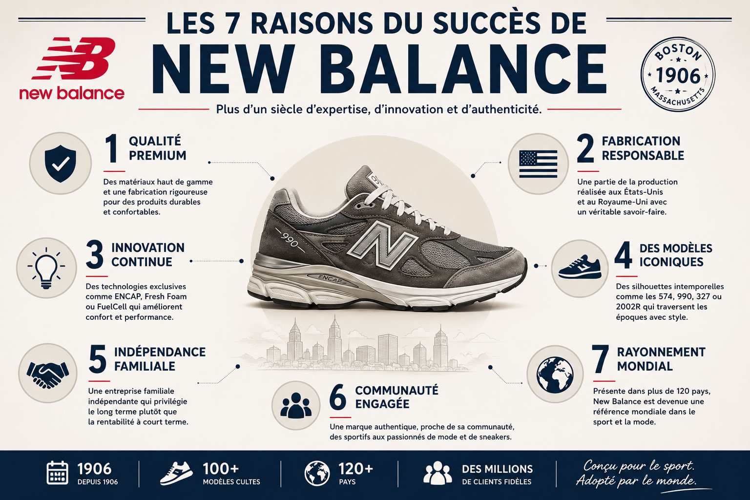 Les 7 raisons du succès de New Balance en infographie Infographie illustrant les sept principaux facteurs du succès de New Balance : qualité de fabrication, innovation, indépendance, modèles iconiques, technologies, communauté et présence internationale.