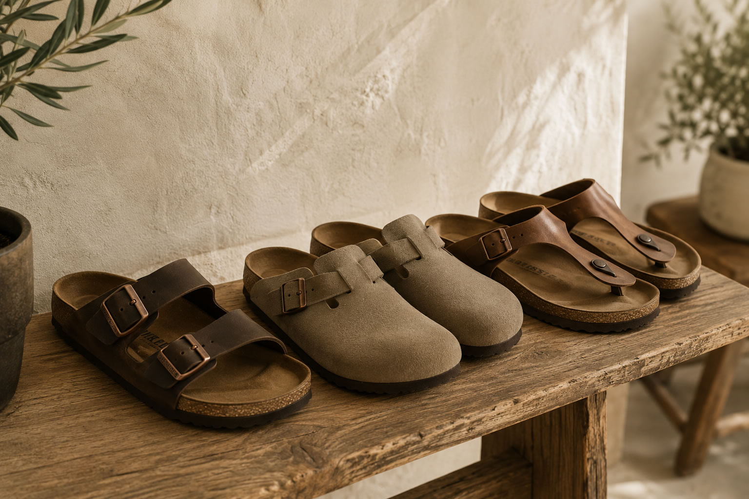 Chaussures Birkenstock Arizona, Boston et Gizeh en cuir naturel présentées dans une ambiance lifestyle chaleureuse.
