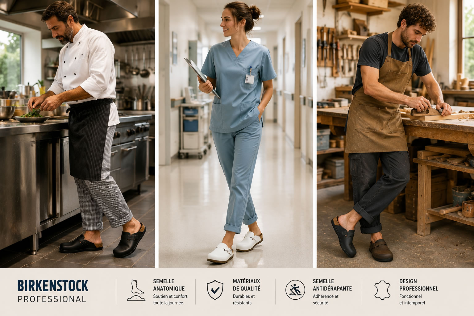 Birkenstock Professional au service des métiers du quotidien Birkenstock Professional portées par un chef cuisinier, une infirmière et un artisan dans leur environnement de travail.