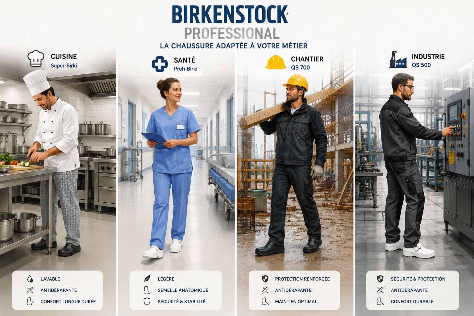 Les chaussures Birkenstock Professional selon les métiers Illustration montrant des professionnels de la cuisine, de la santé, du bâtiment et de l'industrie portant des chaussures Birkenstock Professional adaptées à leur métier.