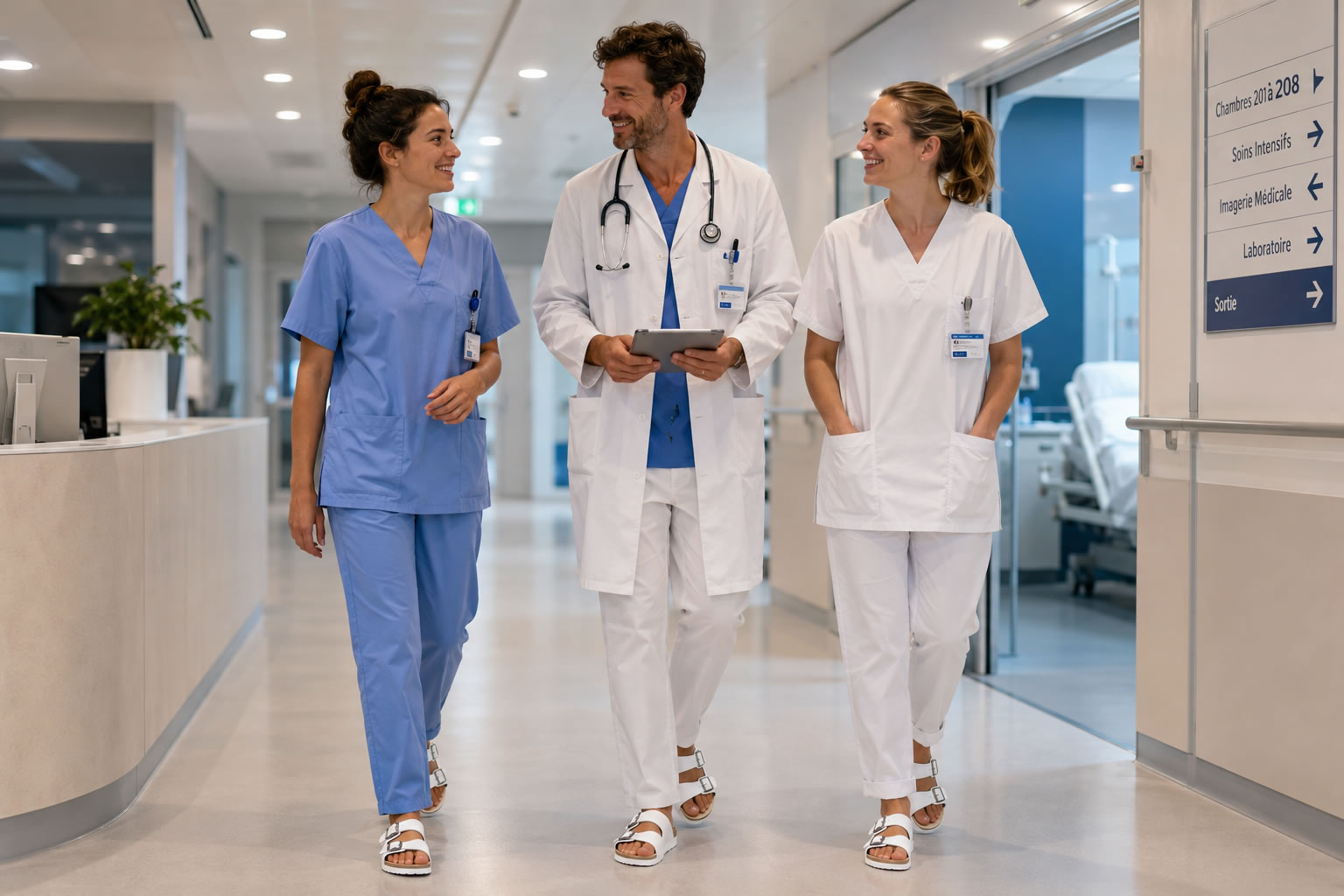 Professionnels de santé portant des Birkenstock blanches dans un hôpital moderne Une infirmière, un médecin et une aide-soignante portant des Birkenstock blanches marchent dans un couloir d'un hôpital moderne.
