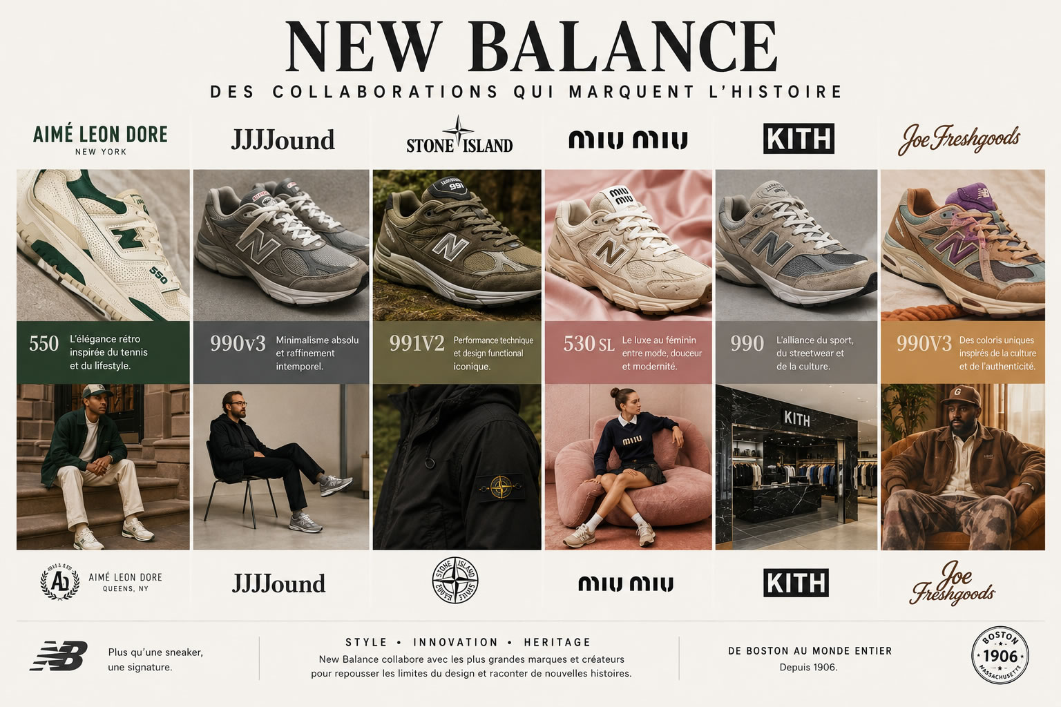 Les collaborations emblématiques de New Balance : Aimé Leon Dore, JJJJound, Stone Island, Miu Miu et plus Collage illustrant les principales collaborations de New Balance avec Aimé Leon Dore, JJJJound, Stone Island, Miu Miu et d'autres partenaires ayant marqué l'univers de la sneaker et de la mode.