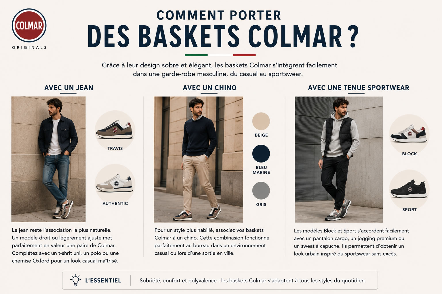 Homme portant des baskets Colmar avec un jean, un chino et une tenue sportswear dans différents styles.
