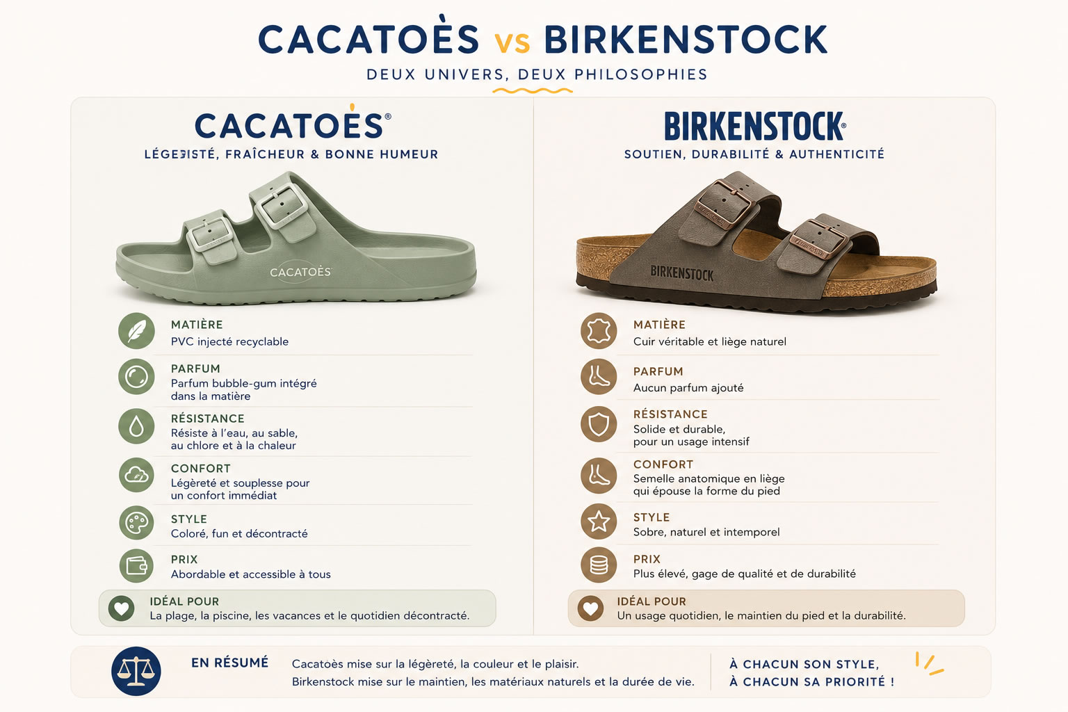 Comparatif visuel entre les sandales Cacatoès et Birkenstock présenté en deux colonnes, mettant en évidence les différences de matériaux, de confort, de style, de résistance et d'usage.