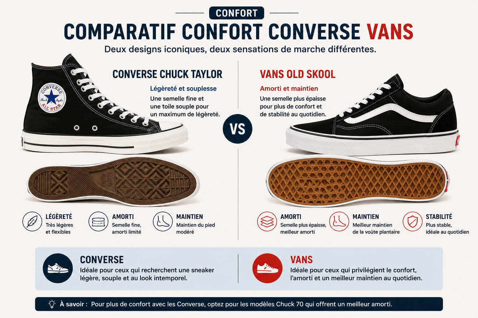Comparaison entre une Converse Chuck Taylor et une Vans Old Skool mettant en avant leurs différences de confort et de semelle.