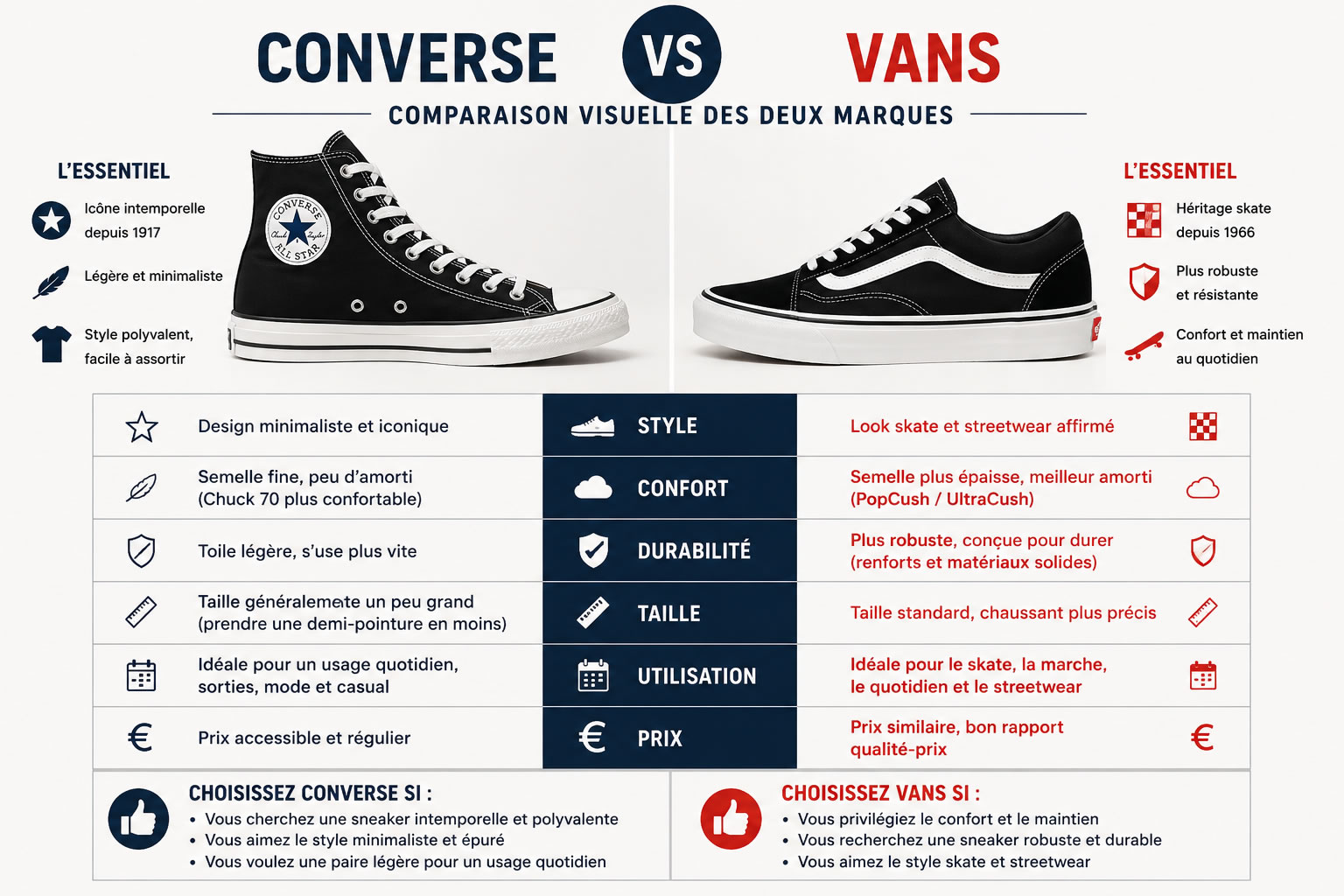 Infographie comparant les sneakers Converse et Vans selon le style, le confort, la durabilité, la taille, le prix et l'utilisation.
