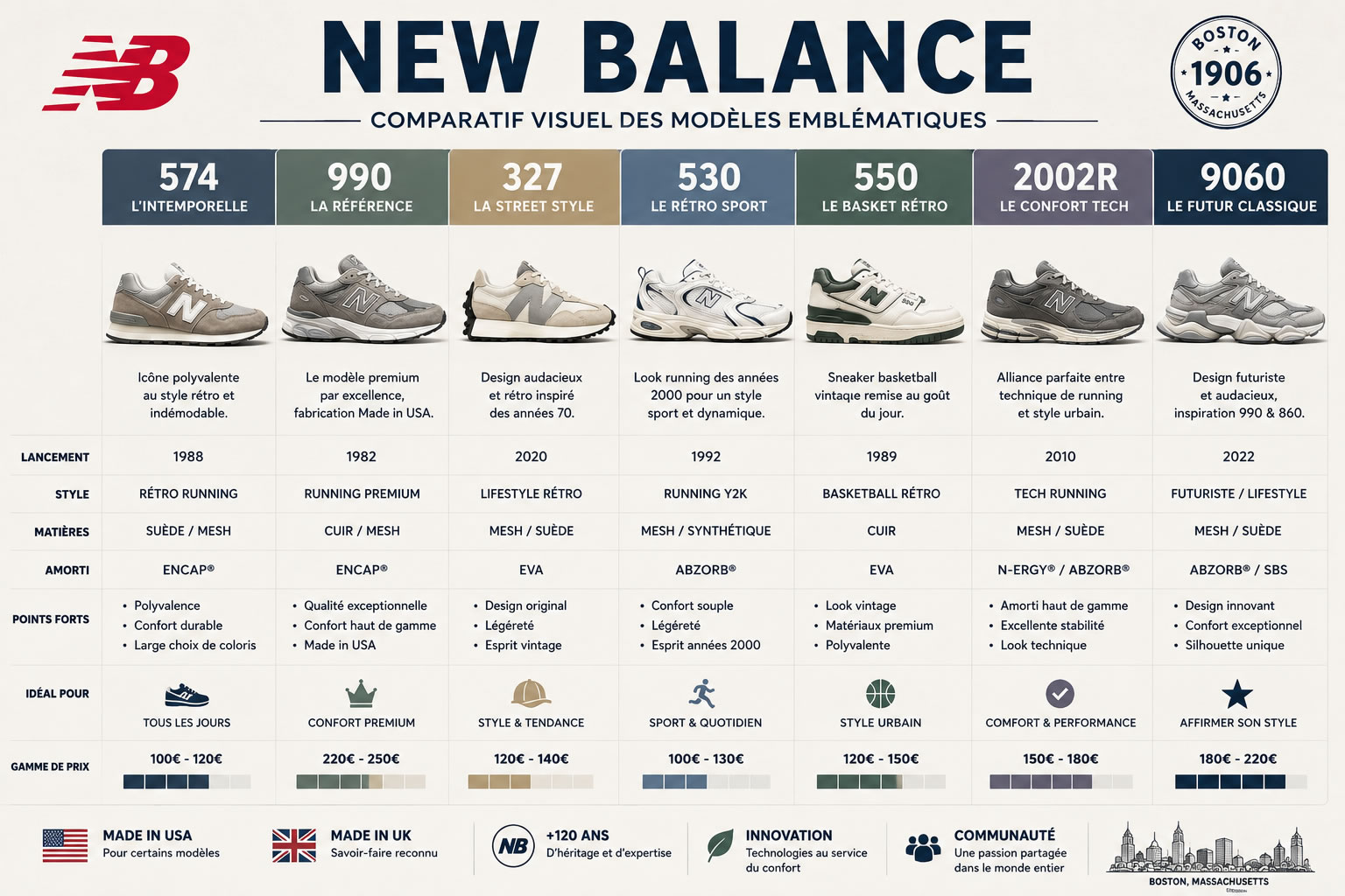 Comparatif des modèles emblématiques New Balance : 574, 990, 327, 530, 550, 2002R et 9060 Infographie comparant les principales sneakers New Balance : 574, 990, 327, 530, 550, 2002R et 9060, avec leur design, leur style, leurs technologies et leurs caractéristiques.