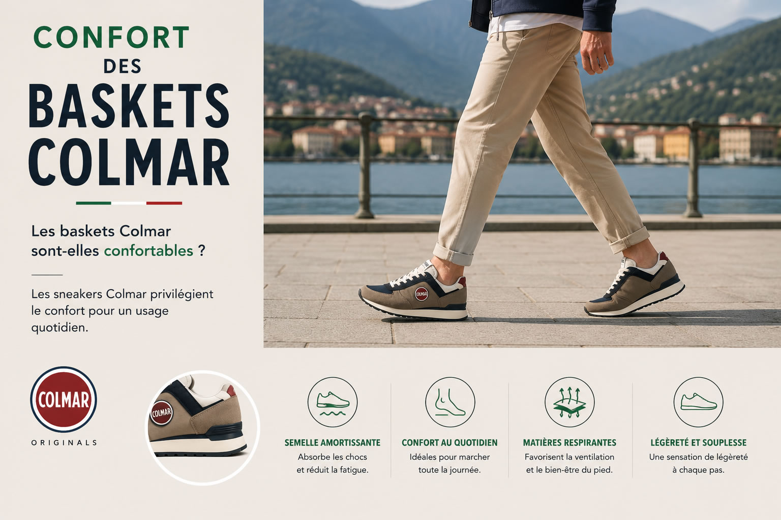 Homme marchant avec des baskets Colmar confortables lors d'une promenade en ville.