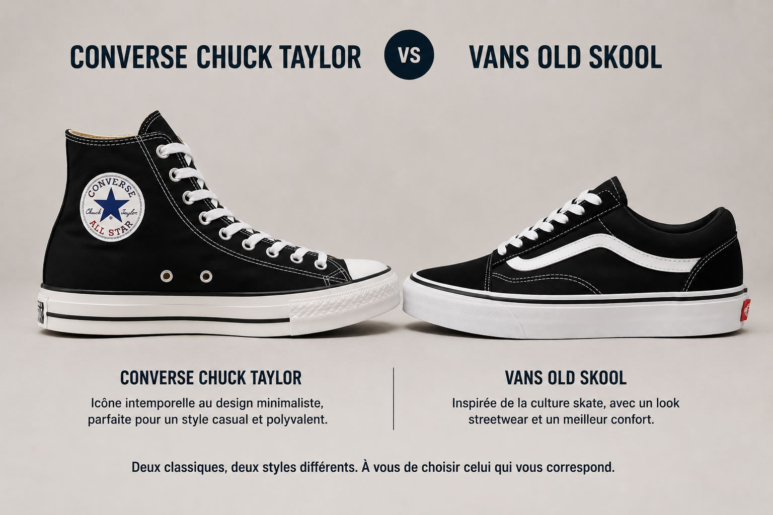 Converse Chuck Taylor et Vans Old Skool photographiées de profil côte à côte sur un fond neutre.