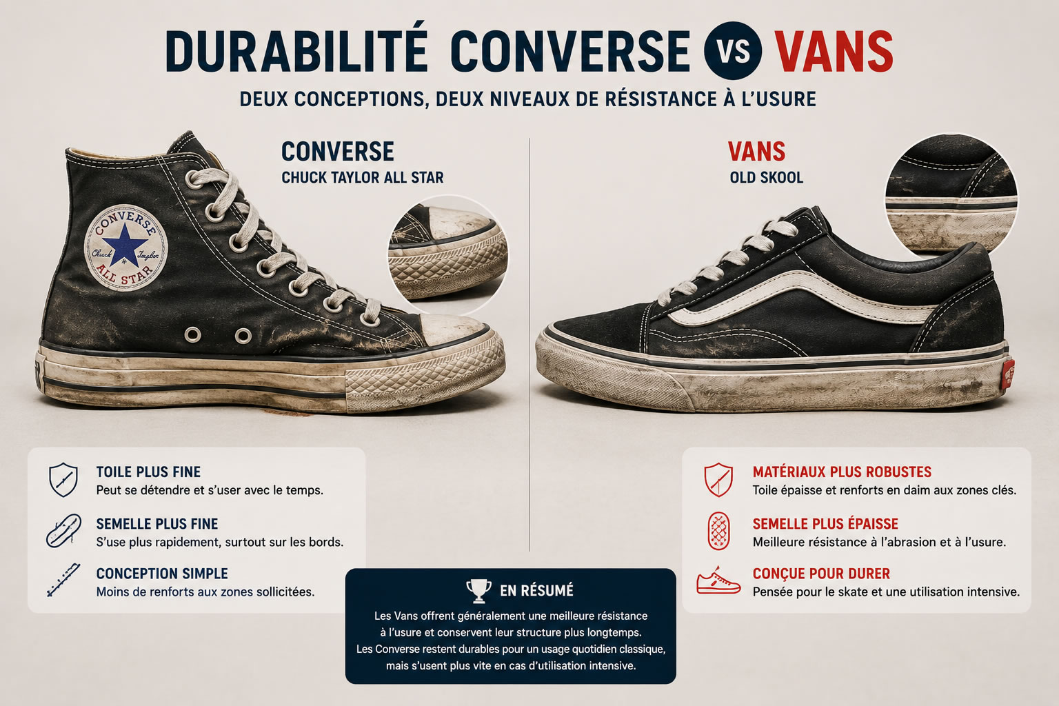 Comparaison de l'usure entre une Converse Chuck Taylor et une Vans Old Skool après une utilisation prolongée.