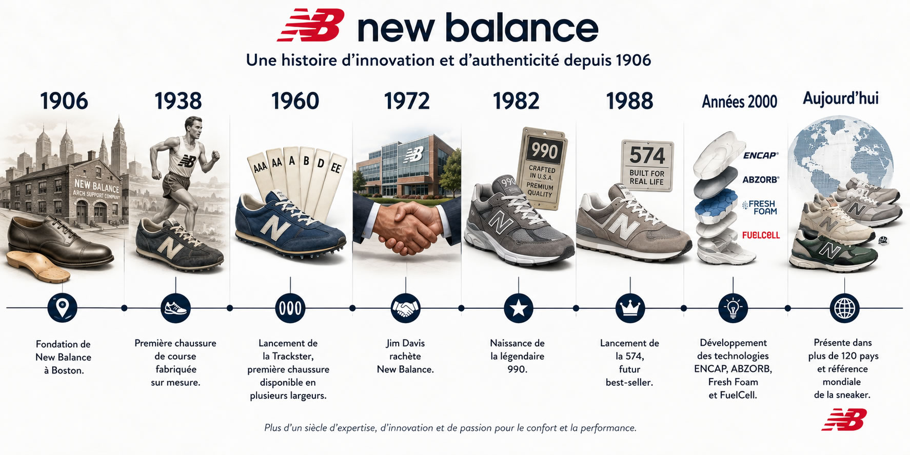 Frise chronologique de l'histoire de New Balance de 1906 à aujourd'hui Frise chronologique illustrée présentant les grandes étapes de l'histoire de New Balance, de sa création à Boston en 1906 jusqu'à son statut actuel de référence mondiale de la sneaker.