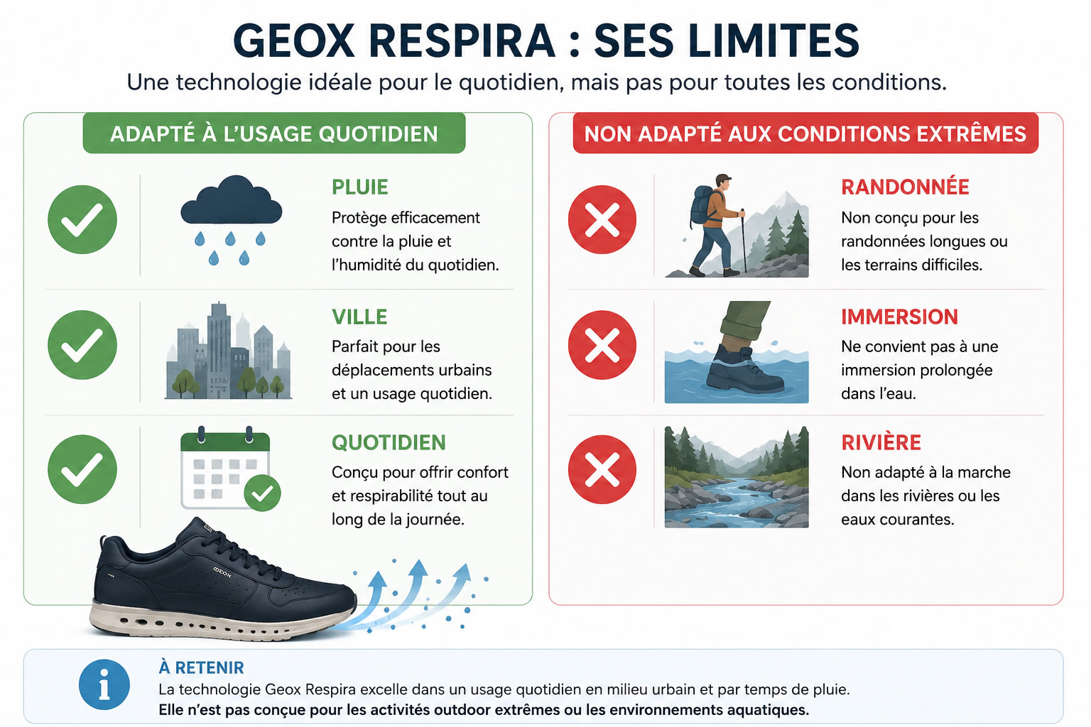 Geox Respira : dans quels cas cette technologie est-elle adaptée ? Infographie comparant les usages recommandés et les limites de la technologie Geox Respira : adaptée à la pluie, à la ville et au quotidien, mais non conçue pour la randonnée, l'immersion prolongée ou la traversée de rivières.