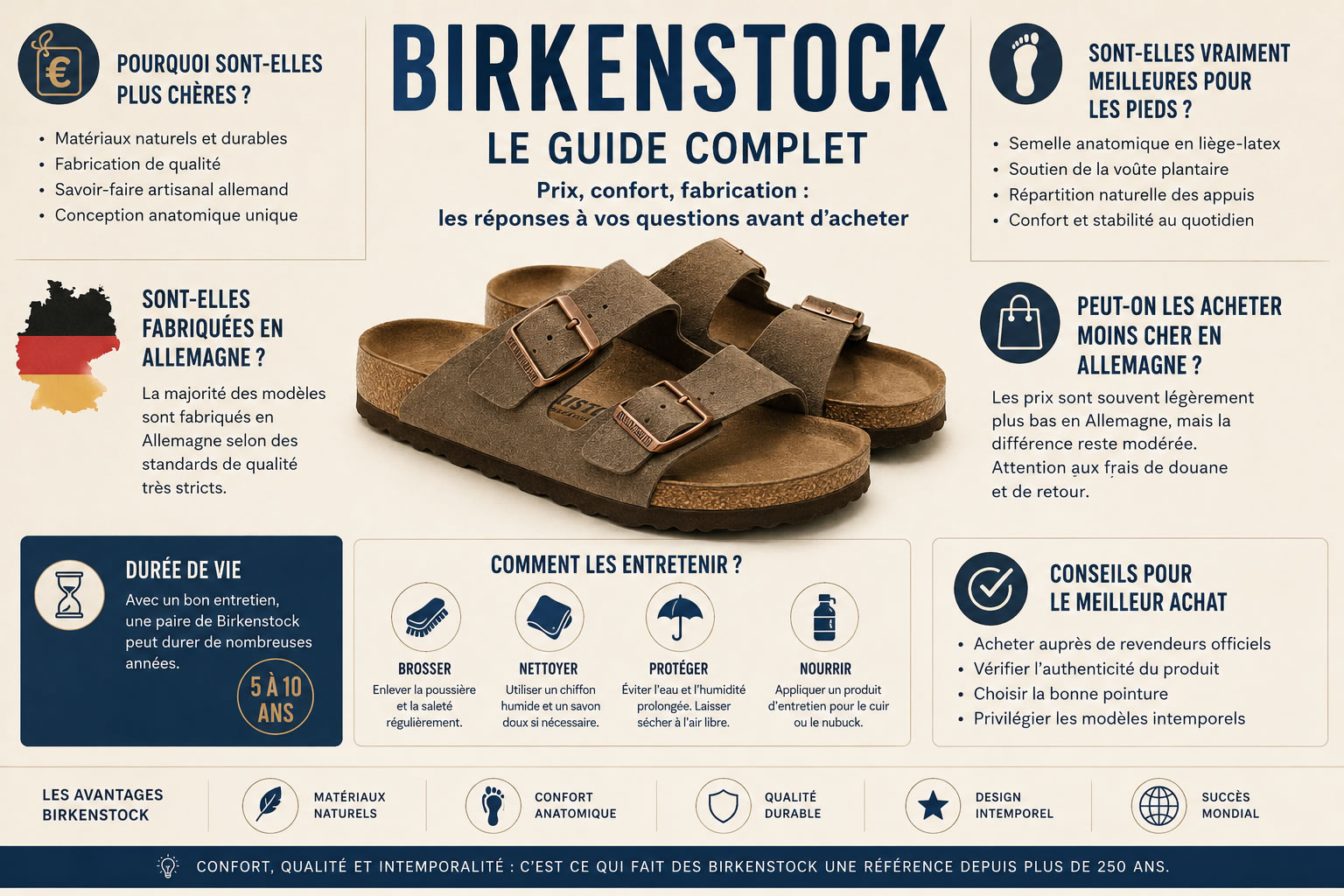Illustration représentant une paire de Birkenstock avec des éléments visuels évoquant le confort, la fabrication, la qualité et les critères d'achat.