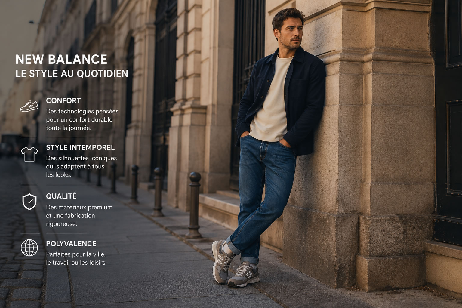 Homme portant des New Balance avec un jean : un look casual et intemporel Homme portant une paire de baskets New Balance grises avec un jean bleu et une tenue casual chic dans un environnement urbain.